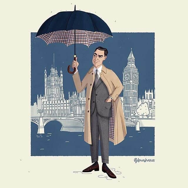 アクアスキュータムのインスタグラム：「An illustration by @amashanov long time #Aquascutum fan and customer, Cary Grant.  #carygrant」