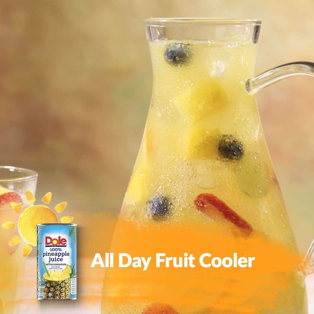 Dole Packaged Foods（ドール）のインスタグラム：「Sip on that summer sunshine with our All-Day Fruit Cooler. Just grab DOLE® Canned 100% Pineapple Juice and our frozen favorites, and say hello to Summer!  Ingredients: 1 can (46 oz.) DOLE® Pineapple Juice, chilled 1 can (6 oz.) frozen limeade concentrate, thawed 2 liters (67.6 oz.) club soda 2 cups fresh or frozen DOLE Strawberries, sliced 1 can (20 oz.) DOLE Pineapple Chunks, drained 2 cups DOLE Green Grapes, seedless 1 cup fresh or frozen DOLE Blueberries 1 orange, peeled, halved and sliced  Steps: Combine pineapple juice, limeade concentrate and club soda in punch bowl or 2 large pitchers. Add fruit.  Serve chilled or over ice.」