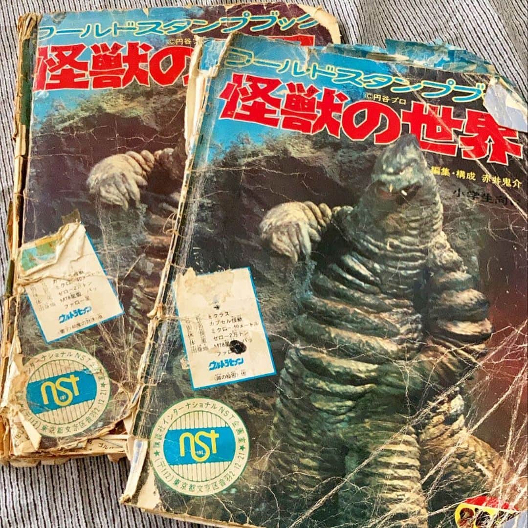 vo_coのインスタグラム：「☠️ 実家で1歳児に見せる絵本を探すために棚を漁ったらめっさ懐かしいのが出てきた！ ワールドスタンプブック『怪獣の世界』！！ 年齢がバレるw 本屋で売ってる50円1袋に10枚くらい怪獣のカードが入ってて、それをアルバムみたいに貼ってコンプしていくみたいなやつ 2冊あるのは自分のと弟の…兄弟で別々にやるの効率悪いなw これ結構流行ってて友達とダブりを交換したりしてたなー まあ当然自力でコンプは出来ず、『特別注文』っていう大人の裏技でコンプリートさせてもらってました 表紙に貼るNo.01のミクラス、千切れてツノしか残ってないやんか！ 周りの男子はだいたいみんな持ってたけど、これ見て懐かしいって思える方、恐らく同世代です😂😂 #ワールドスタンプブック  #怪獣の世界 #円谷プロ #ウルトラマン なら #ゼットン #ウルトラセブン なら #キングジョー #帰ってきたウルトラマン なら #ベムスター が好きでした ↑ウルトラマンを倒したヤツばっかww」