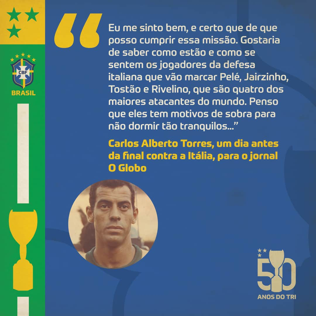 サッカー ブラジル代表チームさんのインスタグラム写真 - (サッカー ブラジル代表チームInstagram)「Amanhã é o dia em que a grande final de 70 completa 50 anos! Para entrar no clima, se liga na confiança do nosso eterno CAPITA para o confronto. ⠀ #50AnosdoTRI #Copade70」6月21日 1時09分 - cbf_futebol