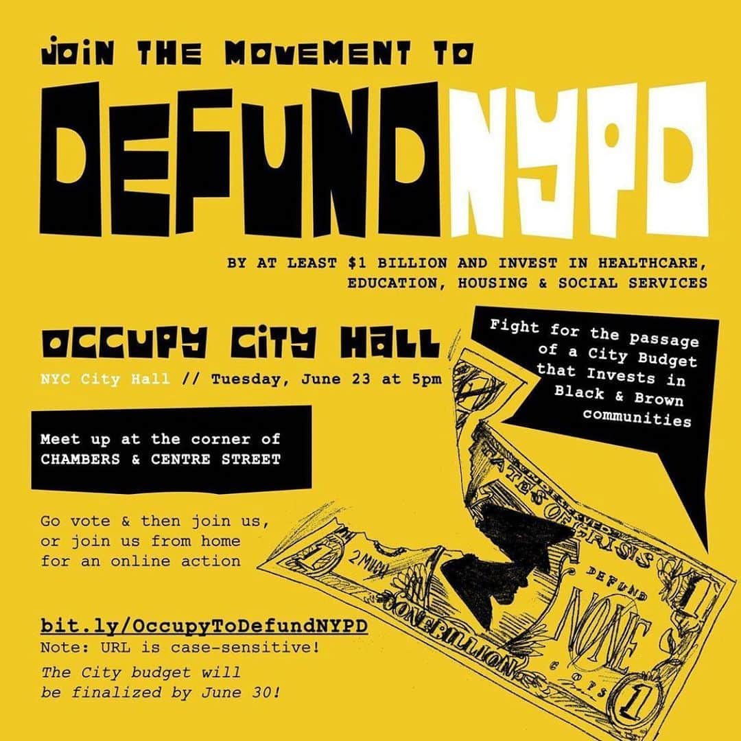 タヴィ・ゲヴィンソンのインスタグラム：「This Tuesday at City Hall. One week before the NYC budget is due. Now is the time to keep the pressure on @nycmayor @coreyjohnsonnyc and @nyccouncil to #DefundNYPD by at least $1 billion and #InvestInCommunities! THIS IS IT! Link in bio to register. Organized by @vocalnewyork! 🔹 If you can't show up IRL: join their online action (same link) and swipe for 4 phone banking parties you can join on Zoom throughout the week. You'll hear directly from organizers, receive scripts, and make key calls to Council members! 🔹 Then...go to @shabdshabd to download, print & distribute this flier! 🔹 #occupytodefundnypd #defundthepolice #nycbudgetjustice #blacklivesmatter」