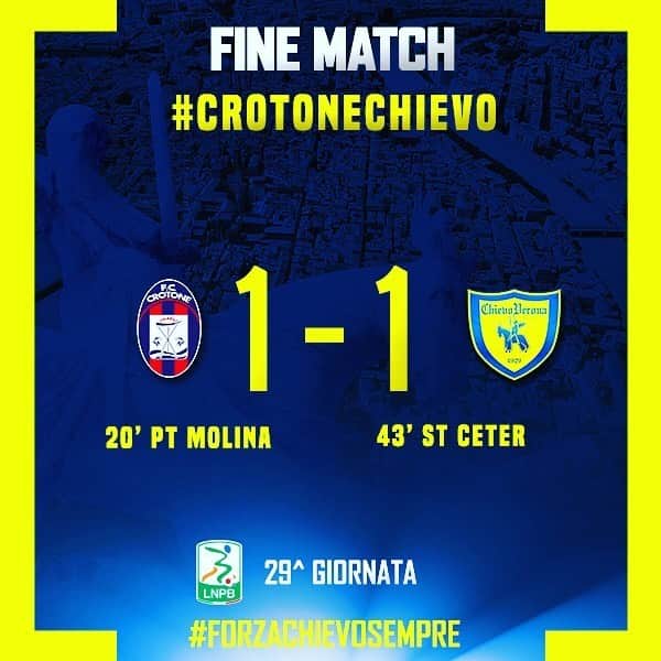 ACキエーヴォ・ヴェローナさんのインスタグラム写真 - (ACキエーヴォ・ヴェローナInstagram)「‼️FINE MATCH‼️ #CrotoneChievo 1⃣-1⃣! Sul finale del match @damirceter ha pareggiato il vantaggio di Molina del primo tempo! Buon punto dopo tanti mesi di inattività e ottima prestazione dei gialloblù che hanno provato a vincere fino all'ultimo secondo! Avanti così ragazzi 💪💛💙 #seriebkt #chievo #chievoverona #forzachievosempre #gialloblù」6月21日 3時08分 - acchievoverona