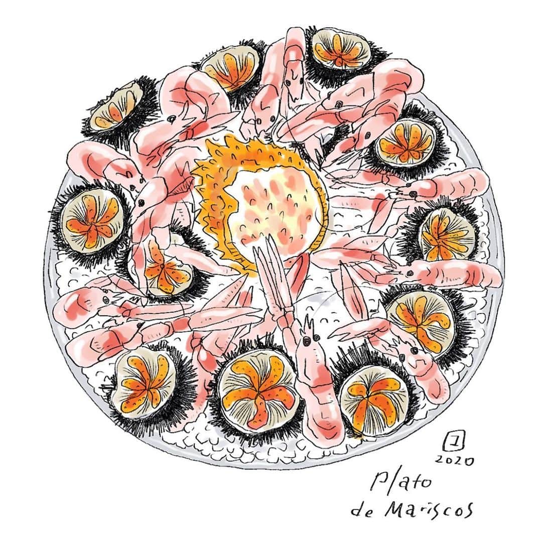 カワハラユキコのインスタグラム：「【スペインの魚介盛り合わせ/Assorted seafood in Spain】 🇪🇸 こちらもカバーより。 🇪🇸 #オラスペイン旅ごはん #スペイン  #バル #スペイン料理 #魚介 #シーフード #スペインバル #スペイン旅行  #スペイン語  #旅ごはん #食べ物イラスト  #食べ物グラム #spain #mariscos #foodie  #foodstagram」
