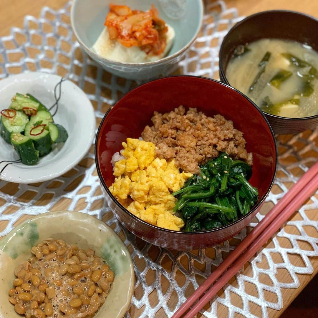 奥山夏織さんのインスタグラム写真 - (奥山夏織Instagram)「鶏肉のひき肉が安く売ってたので鶏そぼろ丼にしました😋💓 ・ 🍴 #鶏そぼろ丼 🍴#たたききゅうり 🍴#キムチのせ豆腐 🍴#納豆 #お味噌汁 ・・・ #かおりずキッチン #cooking #料理 #主婦料理 #OL料理 #クッキング #ご飯#foodinsta #food #foodstagram #おうちご飯 #お家ごはん #夜御飯 #晩ご飯 #よるご飯」6月21日 20時42分 - okuyama_kaori