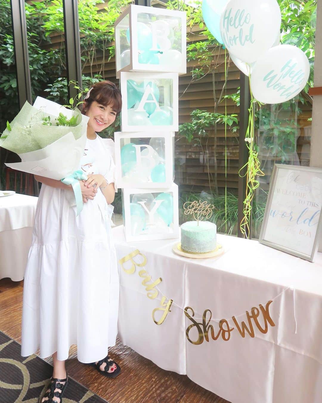 Mai Wakimizuのインスタグラム：「今日はとっても楽しみにしていた日♡おばリンメンバーがbabyshowerをしてくれました（；＿；）♡ミントグリーンをテーマにとっても可愛い世界観♡ #babyshower#マタニティ#マタニティライフ#妊娠9ヶ月」
