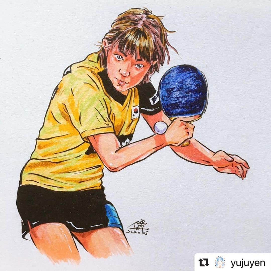 ソ・ヒョウオンさんのインスタグラム写真 - (ソ・ヒョウオンInstagram)「감사합니다!🙇‍♀️ 谢谢 🥰. . .  #Repost @yujuyen with @make_repost ・・・ 🇰🇷🏓05.10孝元歐膩生日快樂 / 생일축하합니다🍒 / 小小放上2018年女子世界盃錄下的歐膩局間比手畫腳👐🏻 / #徐孝元 #suhhyowon #桌球 #卓球 #乒乓 #tabletennis #tabletennisplayer #pingpong #ittf #korea #drawing #ink #portraitpainting #illustration #art #happybirthday #생일축하합니다」6月21日 22時33分 - suh_hyowon_