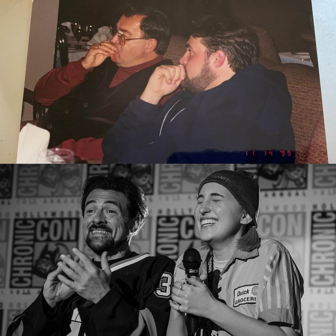 ケヴィン・スミスさんのインスタグラム写真 - (ケヴィン・スミスInstagram)「“Like Father, Like Son” with my Dad in 1999. “Like Father, Like Daughter” with @harleyquinnsmith in 2019. The top photo was snapped at the Christening party for the girl in the photo below it, which was taken on the set of @jayandsilentbob Reboot (definitely a Father’s Day flick). Before he died, my Dad got to see Harley pop up in both #jayandsilentbobstrikeback and (the first cut of) #jerseygirl. I hope he understood how directly responsible he was for that: not just in bringing me into this world but also for bringing me to all those Early Bird Matinees in my childhood. My Old Man took me to the movies when I was a kid which ultimately resulted in me one day making movies with my kid. Happy Fathers Day to all you Dads. You wield more influence than you can possibly realize. #KevinSmith #fathersday #dad #harleyquinnsmith #Jayandsilentbob #jayandsilentbobreboot」6月22日 3時38分 - thatkevinsmith