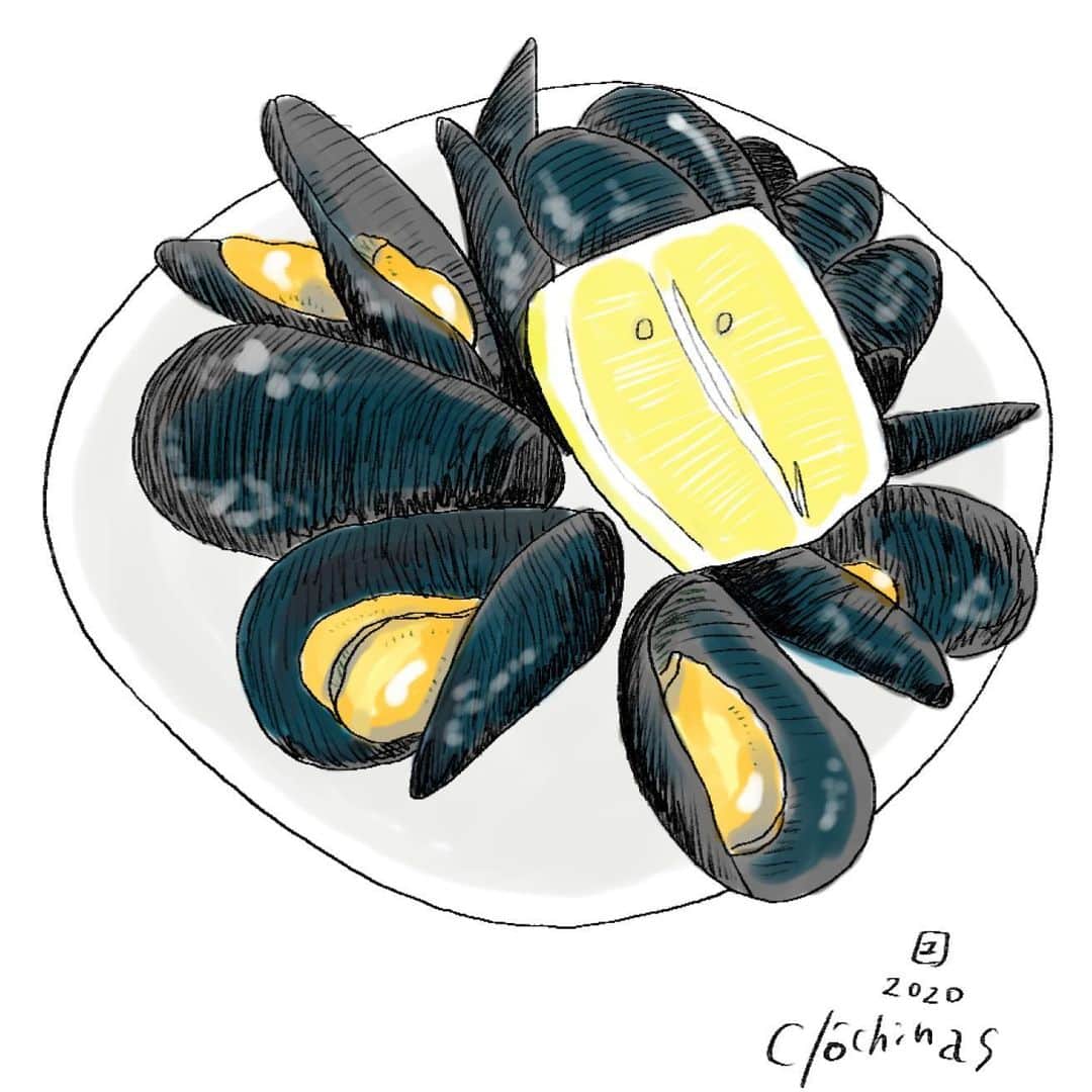 カワハラユキコのインスタグラム：「【バレンシアのムール貝・クロチナス/Valencian mussels, CLÓCHINAS】 🇪🇸 これも書籍カバーより。季節限定のムール貝、クロチナス。小ぶりで身が柔らかい。 🇪🇸 #オラスペイン旅ごはん #スペイン  #バル #スペイン料理 #ムール貝 #バレンシア #クロチナス #スペインバル #スペイン旅行  #スペイン語  #旅ごはん #食べ物イラスト  #食べ物グラム #spain #clochinas  #foodie  #foodstagram」