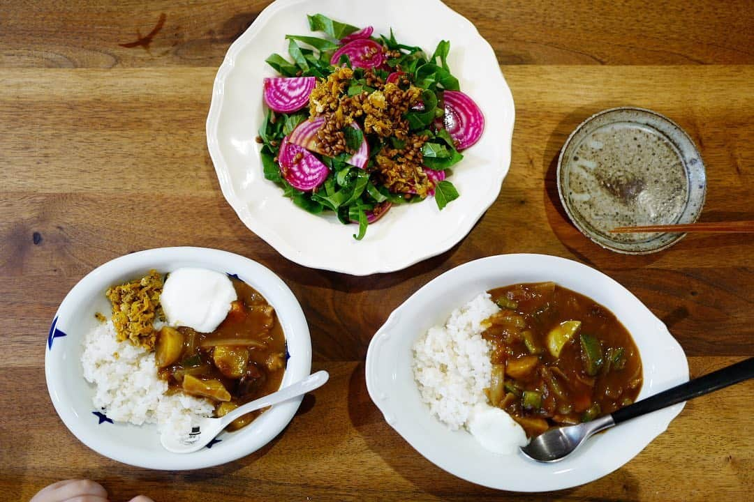 安田美沙子さんのインスタグラム写真 - (安田美沙子Instagram)「こないだの🍛 カラフル人参、ズッキーニで作りました。 . . . ヨーグルトで辛さ調整。 ケールとビーツのサラダは、醤油麦麹＆残ってた人参しりしりをかけました🥕 . . . ビーツ、渦巻のあるの、生でも甘味があって美味しい❤️ カレーは簡単でおいしくて、考えた人ってすごいなぁ✨ . . . 今夜は何作ろう？ 皆さんは何を作る予定ですか？ . . #instafood #curry #kale #carrot #salada #beets #dinner #vegetables @zairai.farm  #パパの遅い日　#2人ご飯」6月22日 11時36分 - yasuda_misako