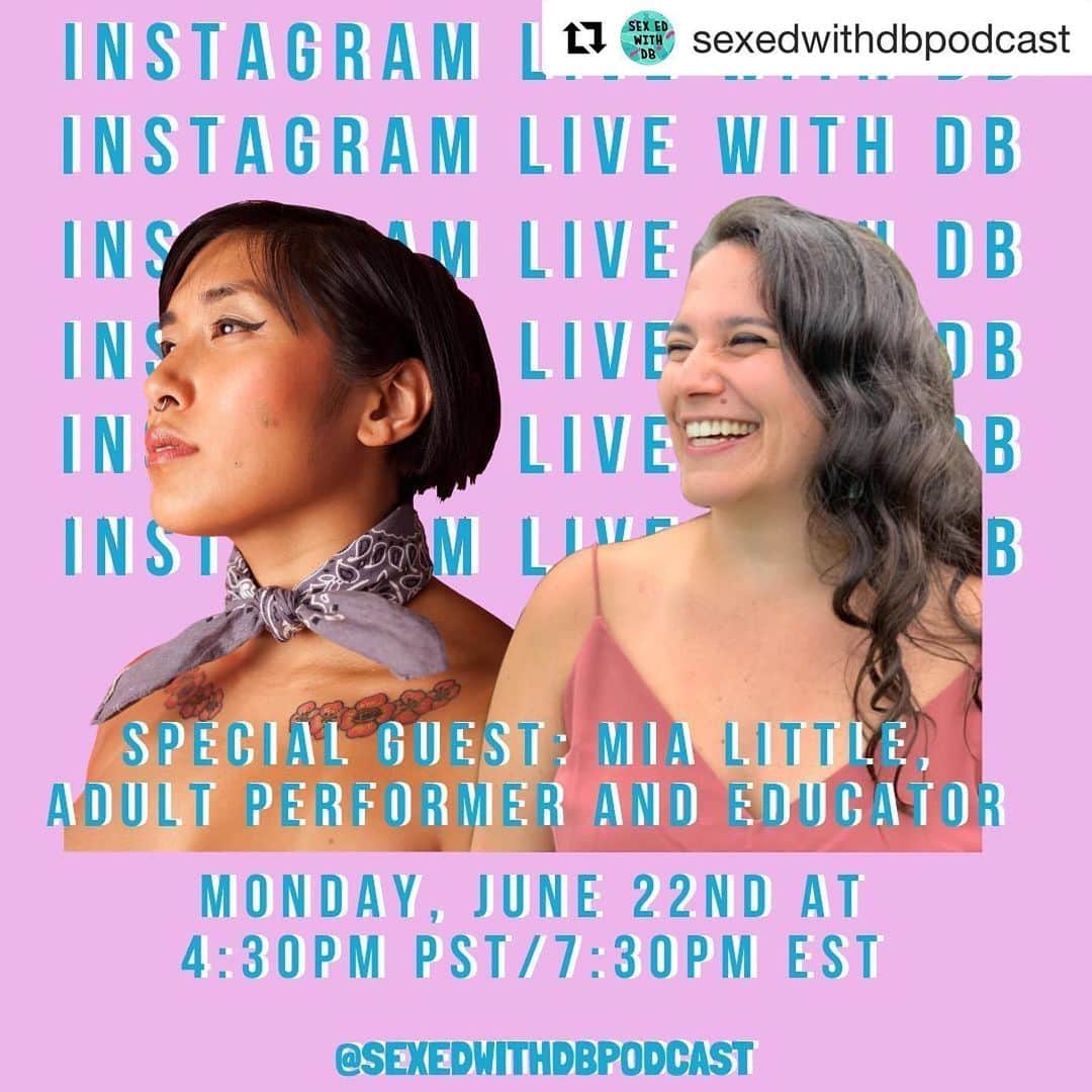 Mia Littleのインスタグラム：「[PD: image of Mia Little and DB from @sexedwithdbpodcast head and shoulders type head shot on a pink purple background with the text that reads INSTAGRAM LIVE WITH DB and Special Guest: Mia Little Adult Performer and Educator. Monday, June 22nd at 4:30pm PST/ 7:30pm EST @sexedwithdbpodcast.] Original 📸 by @taryncarterphoto  #Repost via @sexedwithdbpodcast ・・・ Tune in tomorrow, Monday June 22, for our next Instagram live! Our guest this week is @alittleedutainment, an adult performer and educator, and our guest from Season 2! Tune in tomorrow at 4:30 PT / 7:30 ET! 🗣 • 🎨: @taryncarterphoto • • #instagramlive #sexed #sexedlive #adultentertainment #sexeducator #sexpositive #propleasure #pleasureactivism #sexworkiswork #decriminalizesexwork #sexpodcast」