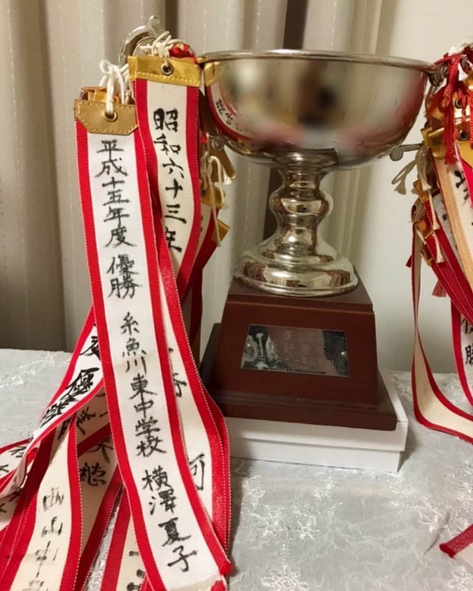 横澤夏子さんのインスタグラム写真 - (横澤夏子Instagram)「#DMで懐かしい優勝カップのお写真を送ってくださったのよー！ #私の卓球時代の唯一の栄光なのよー！ #この日のことすごく覚えてるのよー！ #12月にこのカップもらえたからクリスマスプレゼントだわーって思ってたのよー！ #帰りに家族でお寿司食べる予定だったんだけど雪やばいから早く帰ろうってなって #家のあとちょっとのところで通行止めになっちゃって一晩車の中にいることになったのよー！ #そしたら車の窓をトントンってご夫婦がやってきて #お子さんいるからどうぞって #りんごくださったのよー！ #通行止めで渋滞してる道沿いに住んでるご夫婦が真夜中なのにわざわざりんご剥いてくださったのよー！ #ちゃんと塩漬してくれてるりんごで #りんご史上1番おいしかったのよー！ #っていうのを作文に書いて学校に提出したところまで覚えてるのよー！ #いろんな思い出が詰まってるのよーー！ #うふ！」6月22日 12時51分 - yokosawa_natsuko