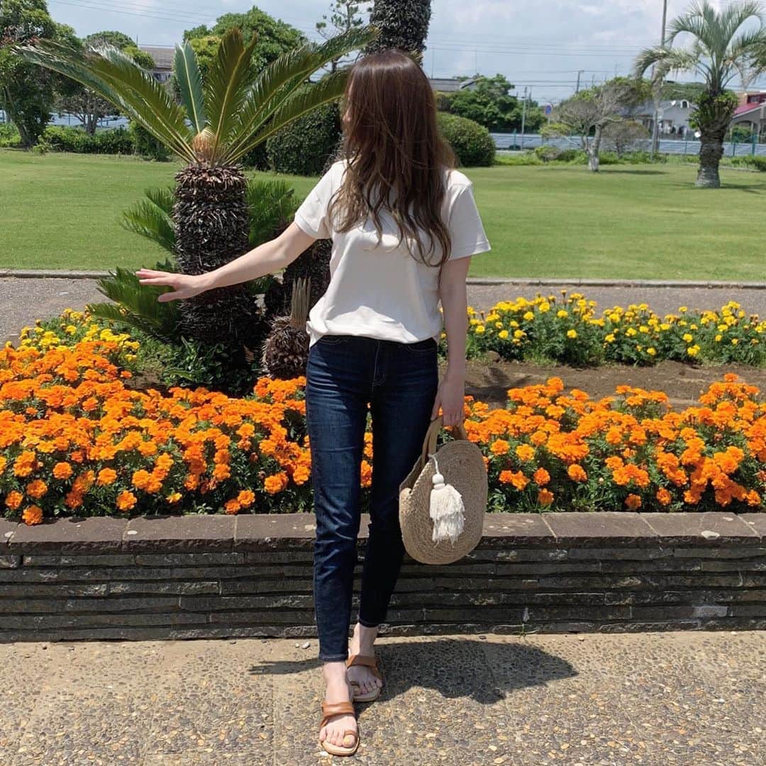 ryuu79hinaのインスタグラム：「いつもはりゅうちゃんとかひなちゃんにコーデ写真撮って貰ってるんだけど！ この日は何故か断られて😞…。 その言い訳が、、。 パパはママと結婚してるんだからパパが撮ってよってねww😂 そのくせ撮ってる時にママたーんとか言ってこっちに来そうだったから来ないで来ないで影が入るからってゆってる所ね…ww🤣 でも、Tシャツのラインが綺麗に撮れてるから載せちゃう💛 ・ ・ マリーゴールドが綺麗に咲いてたなぁ🧡 ・ ・ #上下ユニクロ #上下ユニクロ部 ・ ・ #ユニクロtシャツ部  #ユニT #クルーネックT #uniqloginza2020ss #Tシャツコーデ #PR #mytshirtstyle ・ ・ ━━━━━━━━━━━━━━━ #ユニクロユー#UNIQLO#ユニクロ#ユニクロコーデ#コーデ記録#Locari#ootd_kob#mineby3mootd#instalike#instagood#ママコーデ#シンプルコーデ#大人シンプル#大人カジュアルま#カジュアルコーデ #着回しコーデ#プチプラコーデ#코디#코디스타그램」