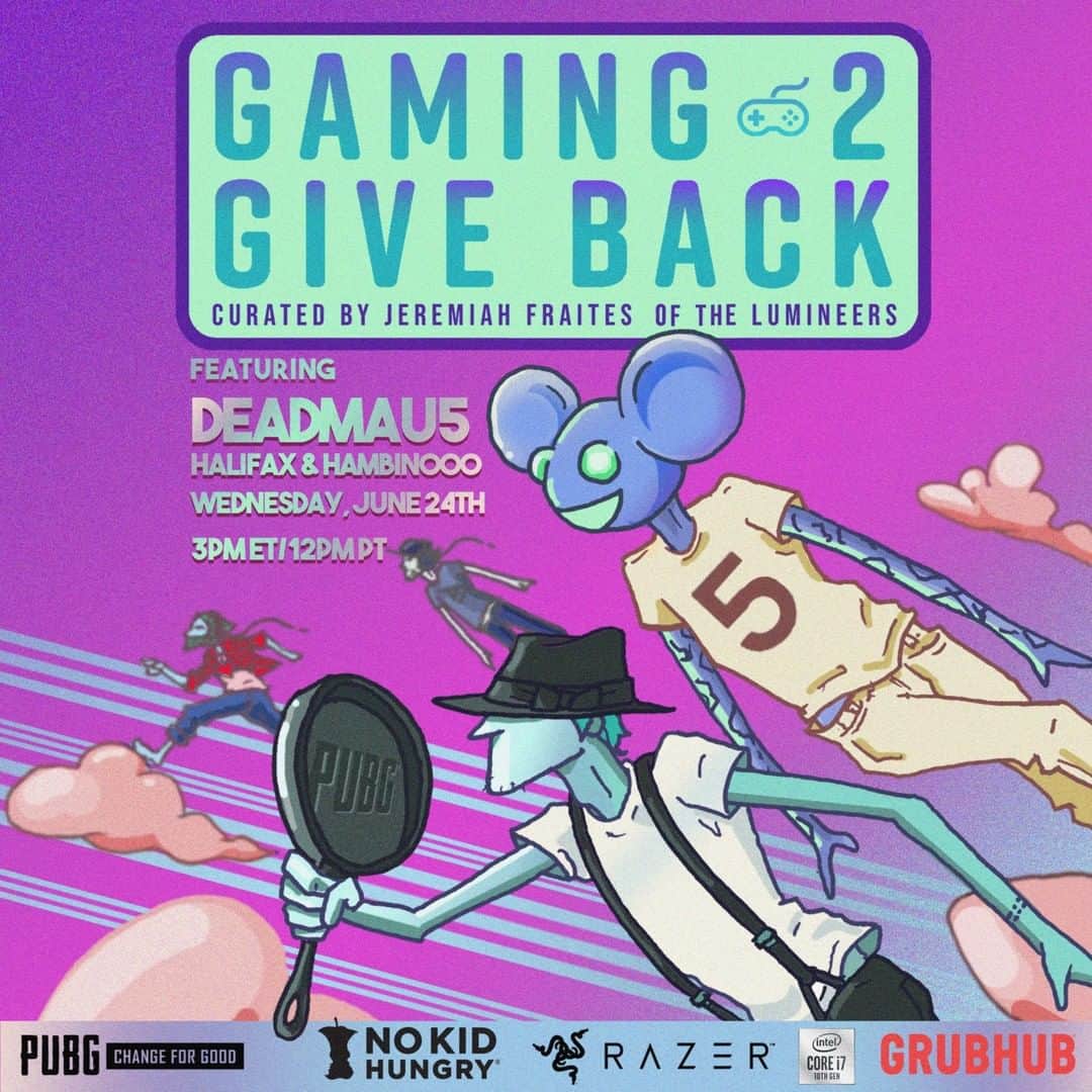 The Lumineersさんのインスタグラム写真 - (The LumineersInstagram)「Hey guys! This Wednesday, June 24th from 12PM - 4PM PT, I (@jeremiahfraites) will be hosting #Gaming2GiveBack, a live-stream gaming event on PlayerUnknown’s Battlegrounds to benefit No Kid Hungry. •  @nokidhungry is an organization dedicated to ending hunger and poverty in America. No child should go hungry, but in the wake of the coronavirus pandemic, 1 in 4 kids could face hunger this year. As a parent, this fact makes my heart ache. This is a problem we want to solve, but we need your help.  @pubg_us is donating $1 for every unique viewer in the US, so tune-in to help us save lives. For more information about No Kid Hungry and how you can tune-into the event to help support, please visit the link in our bio ❤️🎮 •  Thank you to my friends in the gaming community: @hambinooo, @tsm_halifax, and @deadmau5 , who will be playing along with me. And a special thank you to all of our event sponsors: @pubg_us , @razer, @intelgaming, @grubhub, and @twitch! 🎨: @asuttonparade」6月23日 3時48分 - thelumineers