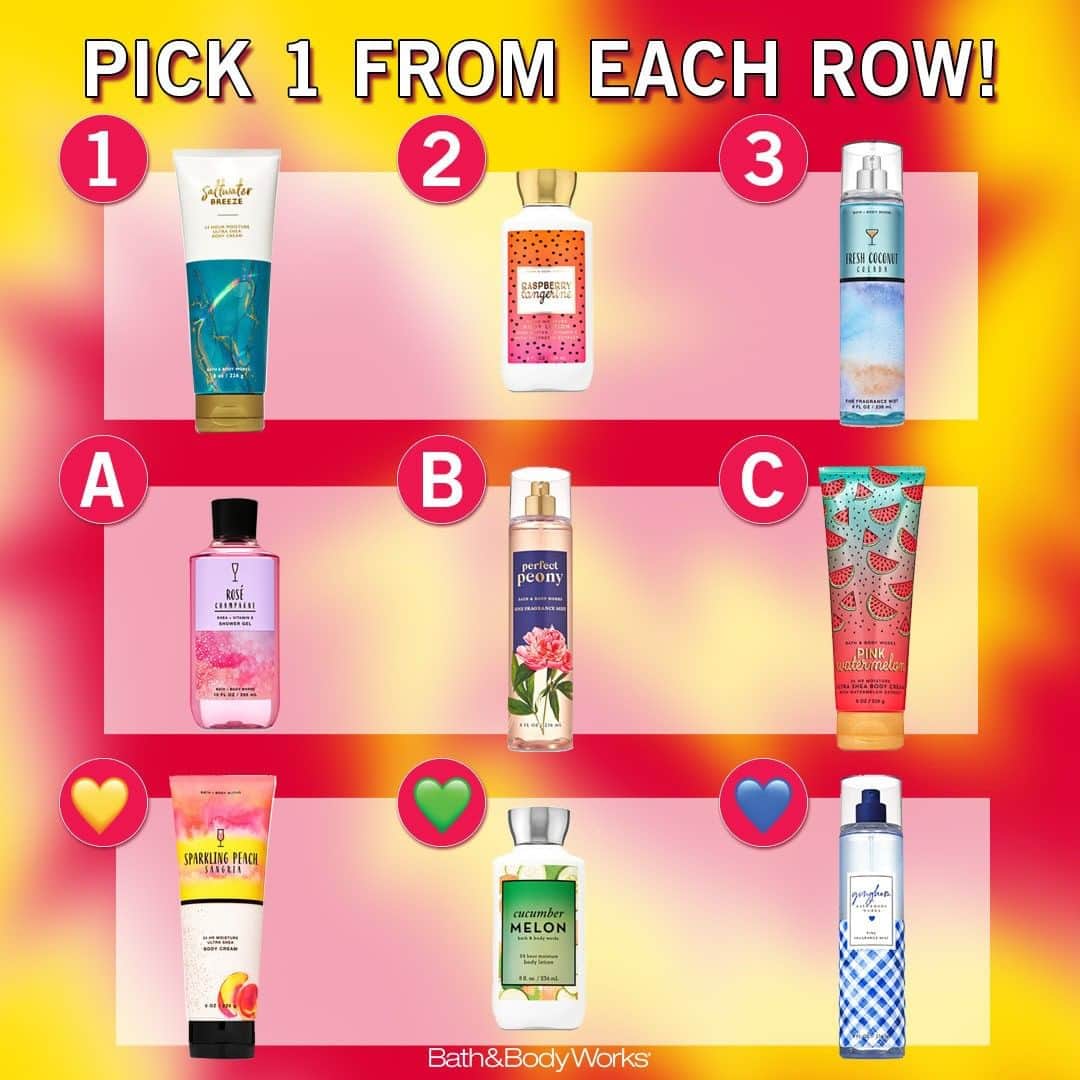 Bath & Body Worksさんのインスタグラム写真 - (Bath & Body WorksInstagram)「Pick ☝ from each row & tell us your dream summer skincare routine in the comments! ☀️」6月22日 23時00分 - bathandbodyworks