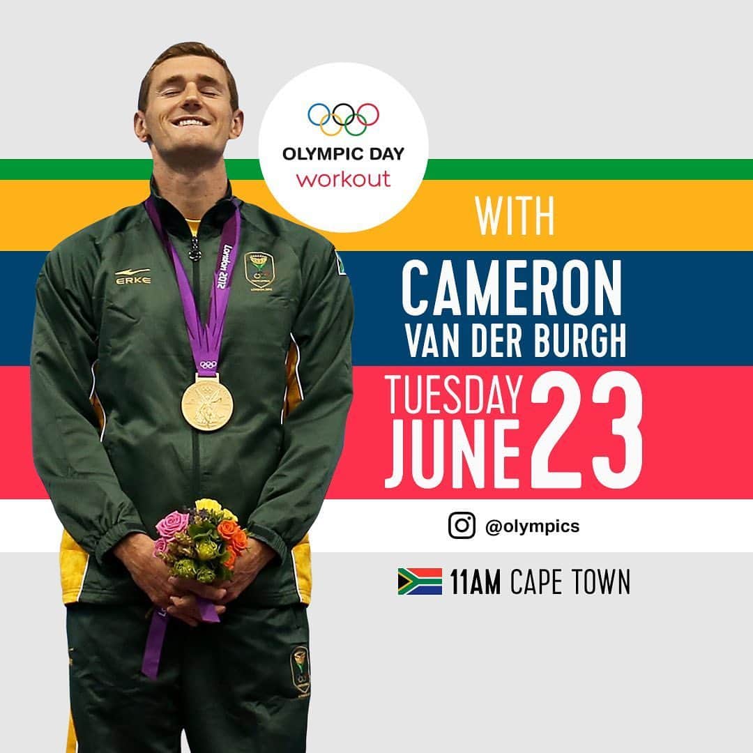 キャメロン・ファンデルバーグのインスタグラム：「Let’s active with a virtual workout tomorrow to celebrate @olympics day! See you 11am South African time! 👊🏻」