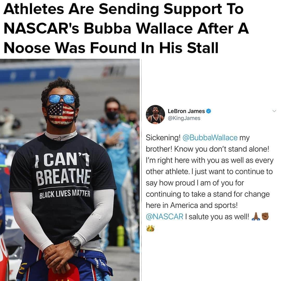 BuzzFeedさんのインスタグラム写真 - (BuzzFeedInstagram)「From @buzzfeednews: A noose was found Sunday in the Talladega Superspeedway garage stall of the only full-time Black driver on NASCAR's top circuit, Bubba Wallace, after he successfully led the efforts to ban the Confederate flag from races. NASCAR officials said in a statement Monday they would investigate and "do everything we can to identify the person(s) responsible and eliminate them from the sport." Read the full story in the link in bio.」6月23日 2時30分 - buzzfeed