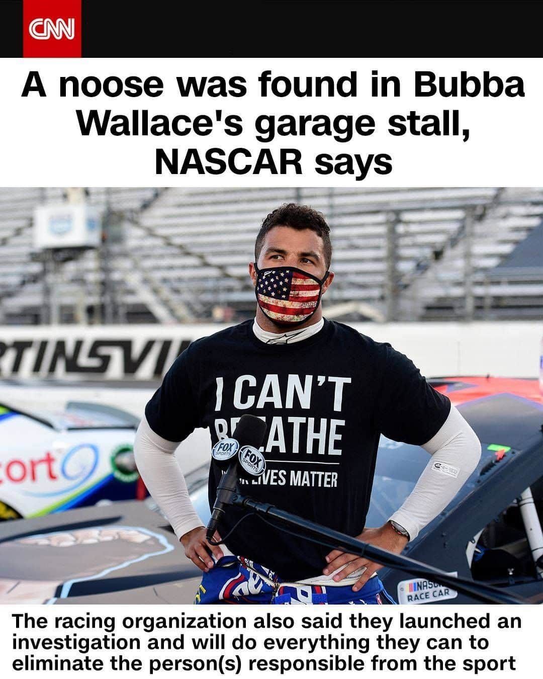 CNNさんのインスタグラム写真 - (CNNInstagram)「A noose was found in Bubba Wallace's garage stall Sunday, according to a statement from NASCAR. Wallace, who is the only Black driver in NASCAR's top circuit, has been very outspoken about the Black Lives Matter movement. He called on NASCAR to ban the Confederate flag, which they did on June 10. "We are angry and outraged, and cannot state strongly enough how seriously we take this heinous act," NASCAR's statement read. “We have launched an immediate investigation, and will do everything we can to identify the person(s) responsible and eliminate them from the sport." (📸: Jared C. Tilton/Getty Images)」6月23日 2時00分 - cnn