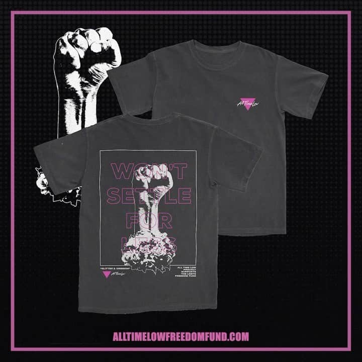All Time Lowのインスタグラム：「LGBTQ folks are three times more likely to be incarcerated than straight individuals, particularly transgender, brown, and black individuals. Today we’re also very excited to be launching a Glitter & Crimson inspired shirt with all profits being donated to the LGBTQ Freedom Fund. Link in bio 🌈」