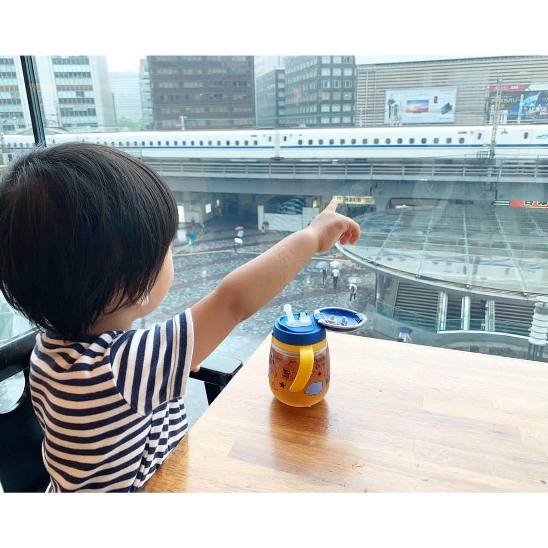 吉田奈央さんのインスタグラム写真 - (吉田奈央Instagram)「なんかこの息子の手を振る姿が 可愛すぎて😳💓笑 ＊  新幹線をみた瞬間、目の色変わって大興奮だったな〜🚅 ＊  物心ついたときにはもう両手にトミカでさ、 " あ〜やっぱり男の子なんだな！" って思った🚗 ＊  今はガォーて恐竜にも興味津々🦖🔥 あ！恐竜をラップ巻いてカッサ代わりにするのは控えるわ😂😂←やばい奴 (ストーリーみた人にはわかる) ＊  skew#有楽町カフェ#東京カフェ#子連れランチ東京#子連れランチ#新幹線のみえるカフェ #電車が見えるカフェ#おしゃれカフェ#1歳#1歳10ヶ月 #息子コーデ #ボーダーt#キッズコーデ#成長記録#電車好き#親バカ部 #男の子ママ#東京ママ#ママさんと繋がりたい」6月23日 9時08分 - nao70818