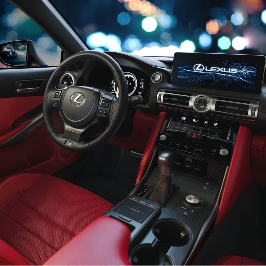 Lexus USAのインスタグラム：「Where human meets machine: the interior of the new 2021 Lexus IS. Takumi craftsmanship adorns every touchpoint throughout the cabin—you'll even find it in the available F SPORT pedals that ensure the driver’s every instinct is effortlessly translated into pure automotive performance. Plus, the driver's connection to the outside world has been enhanced with an available 10.3" touchscreen that sits close to the driver for easy access. What part of the 2021 Lexus IS inspires you? Let us know in the comments below and visit the link in bio to learn more.」
