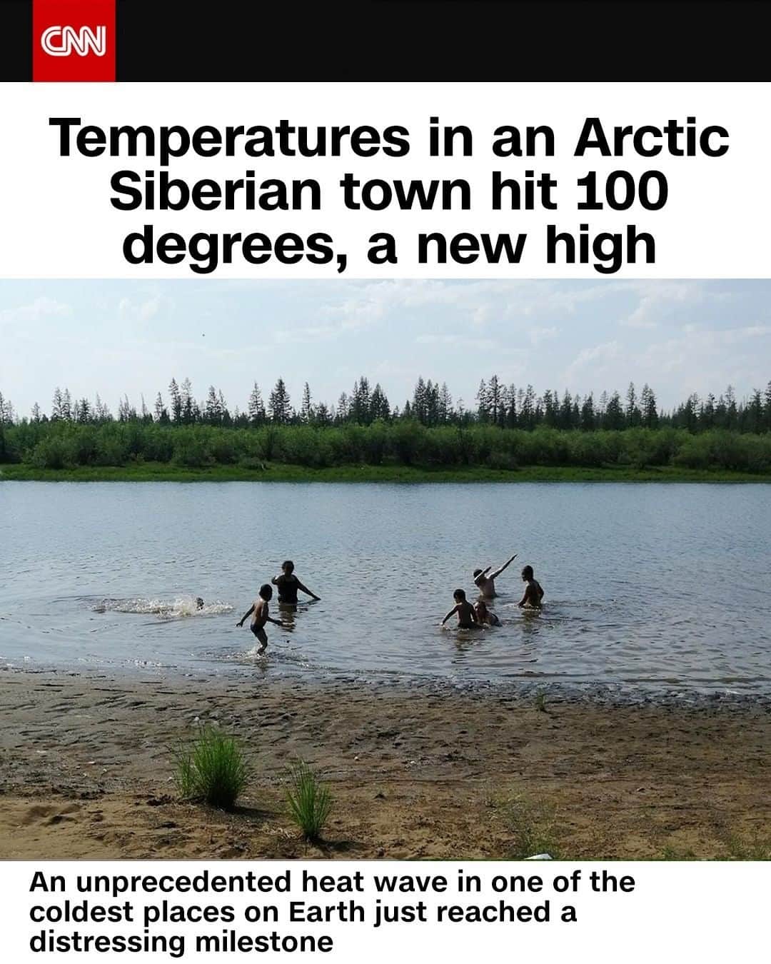 CNNさんのインスタグラム写真 - (CNNInstagram)「Follow ➡️ @cnnclimate ➡️ An unprecedented heat wave in one of the coldest places on Earth just reached a distressing milestone. Temperatures in the small Siberian town of Verkhoyansk hit 100.4 degrees Fahrenheit on Saturday, according to public-facing weather data. It's a record-high temperature in one of the fastest-warming places in the world. Verkhoyansk sits on the Yana River in the Arctic Circle and, during the winter, is considered one of the world's coldest towns — in 1892, temperatures dropped to -90 degrees Fahrenheit. But temperatures in Siberia have stayed well above average since 2019. (📸: Olga Burtseva/handout/AP)」6月23日 16時00分 - cnn