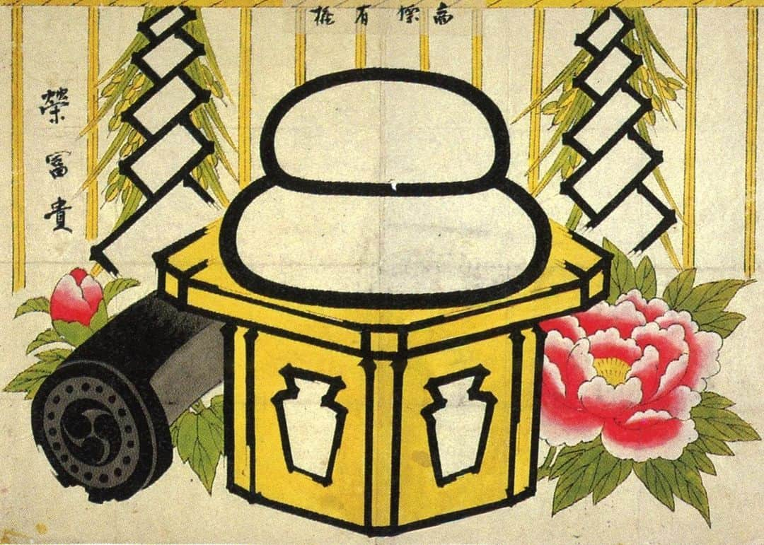 Gekkeikan Sake Officialのインスタグラム：「. History of Gekkeikan in Objects and Photographs モノが語る ----- Bold Designs Decorating Sake Barrels（Period:1903） 商標ひな型「鏡餅」（明治36年） ----- 銘柄にちなんだ鏡餅を中央に大きく描いた印菰。背景には稲わらで編んだ注連縄も。文字を配することなく図柄のみで表現したインパクトあるデザインとなっています。 . #おうちで月桂冠大倉記念館 #gekkeikan #gekkeikansake #sake #japanesesake #ricewine #sakebrewery #sakegram #art #japan #kyoto #fushimi #月桂冠 #日本酒 #清酒 #酒蔵 #京都 #伏見」