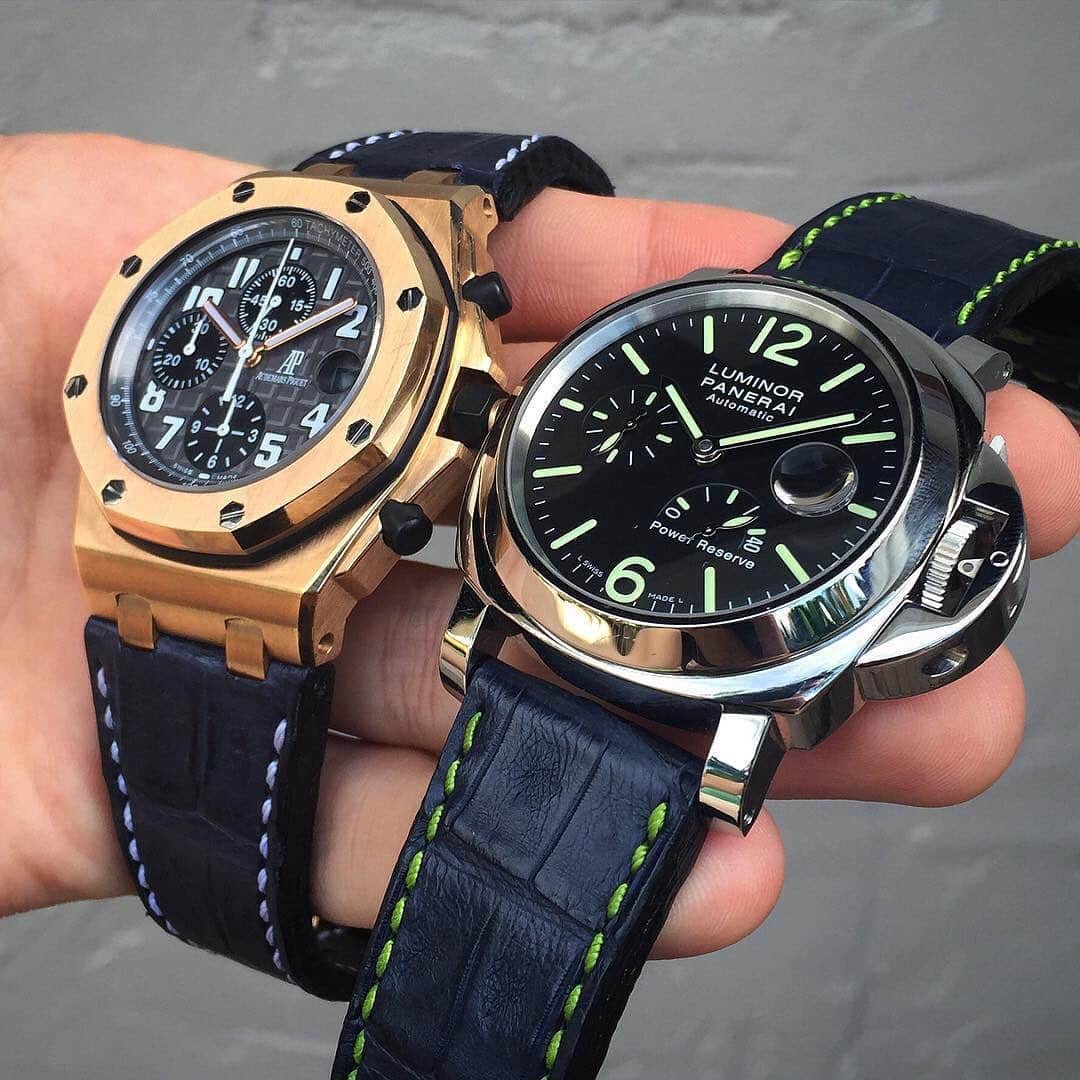 Daily Watchさんのインスタグラム写真 - (Daily WatchInstagram)「AP Royal Oak Offshore and Panerai Luminor on Dark Blue Crocodile straps. Photo by @HorusStraps」6月23日 17時43分 - dailywatch