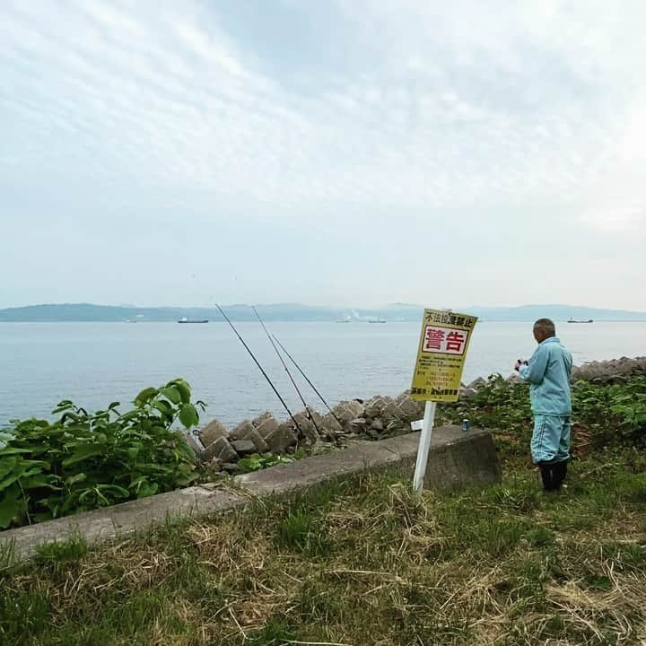 TERUのインスタグラム：「おはようございます。  4時半に起きてしまい、そう言えばジジ(父)が釣りに行くと言ってたな〜と、駐車場をチェックしてみたら、車がなかったのでいつもの釣りポイントへ。  いました^_^  小さな魚を3匹釣ってました。  僕は懐かしの小道を散歩。  ここで生まれ、4歳まで住んでいました。  爺ちゃんが釣りをしに行く時、良く付いて行ってた事を思い出しました。  ジジも爺ちゃんと同じ海で釣りをしながら、そんな懐かしい時間をなんとなく思い出してるのかな？と思いながらの散歩。  海水浴場の思い出もたくさんあるな〜。 アメリカンドッグ屋さんが車で来て目の前で揚げてたのを鮮明に覚えてます。  そんな思い出を振り返りながら歩いてたら、函館山に登りたくなりまして、車で移動。  うねった山道を10分ほど走ると頂上に到着。  昨年秋に展望台に登った時は観光客で溢れ返ってましたが、早朝と言うこともあり、人っこ一人もいない展望台。  空気が澄んでいて気持ちよかった〜^_^  なかなか旅する事ができない状況ですが、函館の風景を見て頂いて、少しでも皆さんの心に柔らかな風が吹いてくれたらと思います^_^」