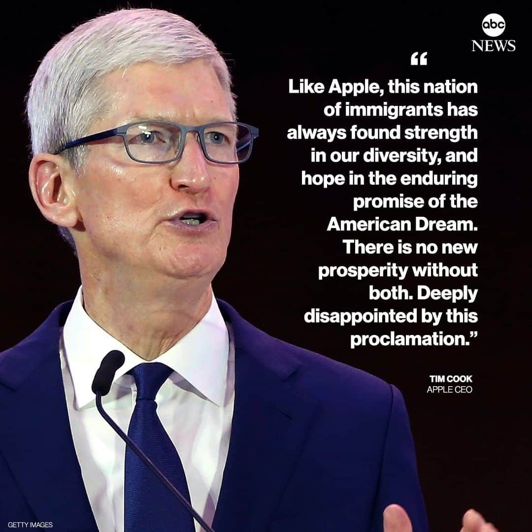 ABC Newsさんのインスタグラム写真 - (ABC NewsInstagram)「A chorus of business leaders have slammed the Trump administration's announcement that it is cracking down on a handful of work visas including those widely used by high-skilled tech workers.  Apple CEO Tim Cook said on Twitter he was "deeply disappointed" by the news.」6月24日 7時56分 - abcnews