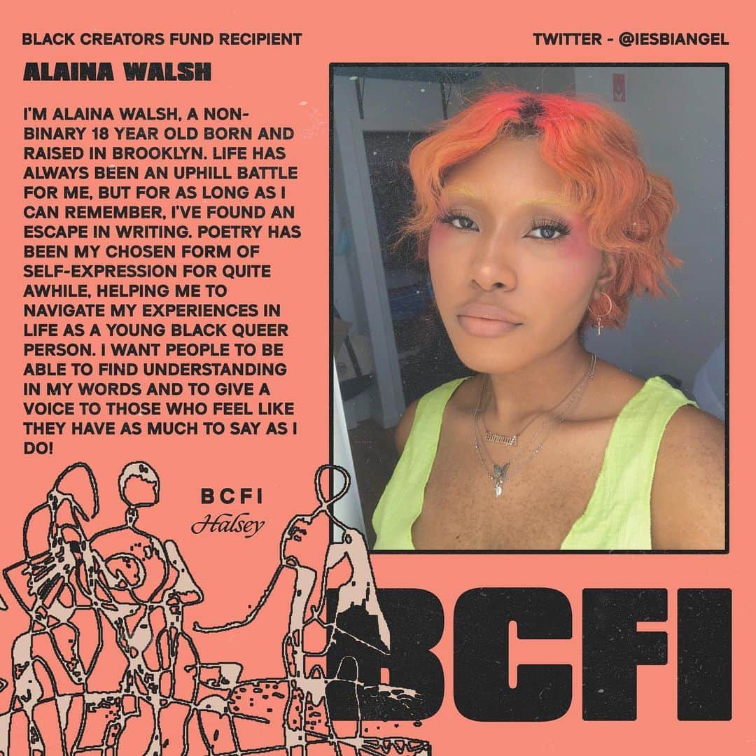 Halseyのインスタグラム：「#BLACKCREATORSFUND Name: Alaina  Twitter: @/iesbiangel IG: ‪@thebeachisforlovers‬  Bio: I’m Alaina Walsh, a non-binary 18 year old born and raised in Brooklyn. Life has always been an uphill battle for me, but for as long as I can remember, I’ve found an escape in writing. Poetry has been my chosen form of self-expression for quite a while, helping me to navigate my experiences in life as a young Black queer person. I want to people to be able to find understanding in my words and to give a voice to those who feel like they have as much to say as I do!」