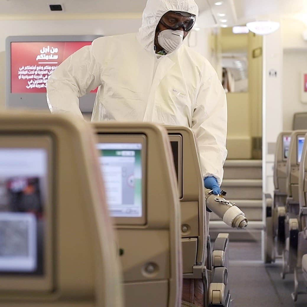 エミレーツ航空さんのインスタグラム写真 - (エミレーツ航空Instagram)「Our aircraft cabins are among the cleanest in the skies. All aircraft departing from our hub in @DXB undergo enhanced cleaning and complete disinfection of all cabins as a precaution after every flight. Our greatest focus is on surface cleaning. We use an approved, eco-friendly chemical that is proven to kill viruses and germs, leaving a long-lasting protective coating against new contamination of viruses, bacteria and fungi on surfaces. Our cleaning process includes a comprehensive wipe down of all surfaces – from windows, tray tables, seatback screens, armrests, seats, in-seat controls, panels, air vents and overhead lockers in the cabin, to lavatories, galleys and crew rest areas.  Click on the link in our bio to learn more about our health and safety measures at every step of the travel journey.  #FlySaferWithEmirates」6月24日 0時02分 - emirates