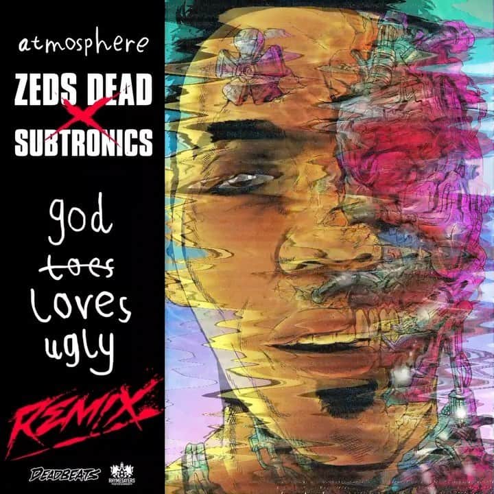 Zeds Deadのインスタグラム：「Our new remix collab with @subtronics is out today! Check our flip of @atmosphere’s classic "GodLovesUgly". Hear it now on streaming + pre-order merch and vinyl packages at https://deadbeats.lnk.to/GodLovesUgly (link in bio)  A portion of all proceeds from the merch and vinyl sales will be directed to the non-profit @unicorn.riot」