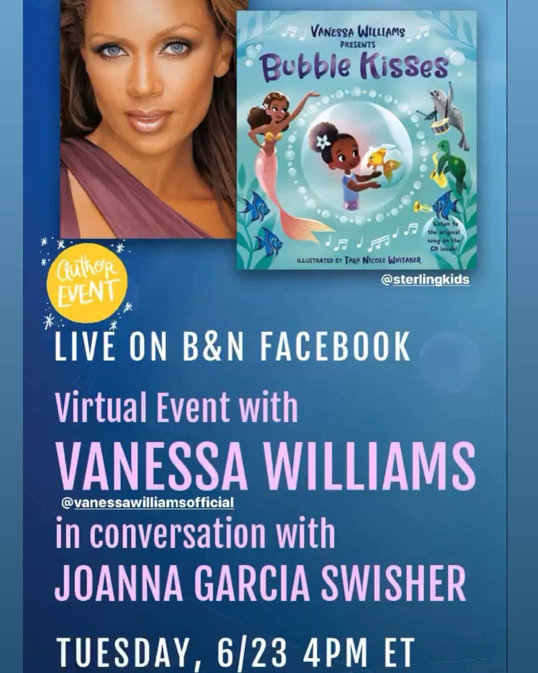 ヴァネッサ・ウィリアムスさんのインスタグラム写真 - (ヴァネッサ・ウィリアムスInstagram)「Live today at 4pmET join us on Facebook live @barnesandnoble for conversation, book reading and of course a bit of singing with @jogarciaswisher 🧜‍♀️ #bubblekisses now available *link in bio」6月24日 1時39分 - vanessawilliamsofficial