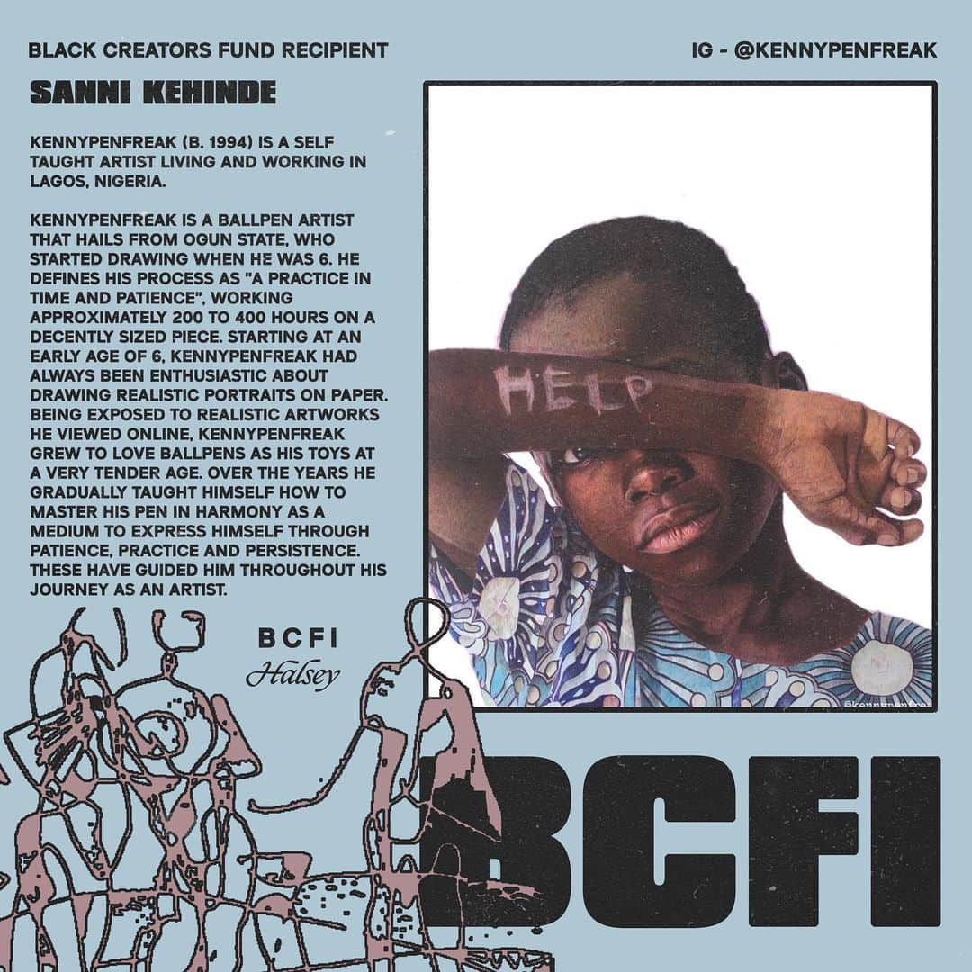 Halseyのインスタグラム：「#BLACKCREATORSFUND Name: Sanni Kehinde Instagram: @Kennypenfreak  Bio: Kennypenfreak (b. 1994) is a self taught artist living and working in Lagos, Nigeria. Kennypenfreak is a Ballpen artist that hails from Ogun state, who started drawing when he was 6. He defines his process as "a practice in time and patience", working approximately 200 to 400 hours on a single decently sized piece. Starting at the early age of 6, Kennypenfreak had always been enthusiastic about drawing realistic portraits on paper. Being exposed to realistic artworks he viewed online, Kennypenfreak grew to love the ballpen as a toy at a very tender age. Over the years He gradually taught himself how to master his pen in harmony as a medium to express himself through Patience, Practice and Persistence. These have guided him throughout his journey as an artist.  Website: https://kennypen.disha.page/」