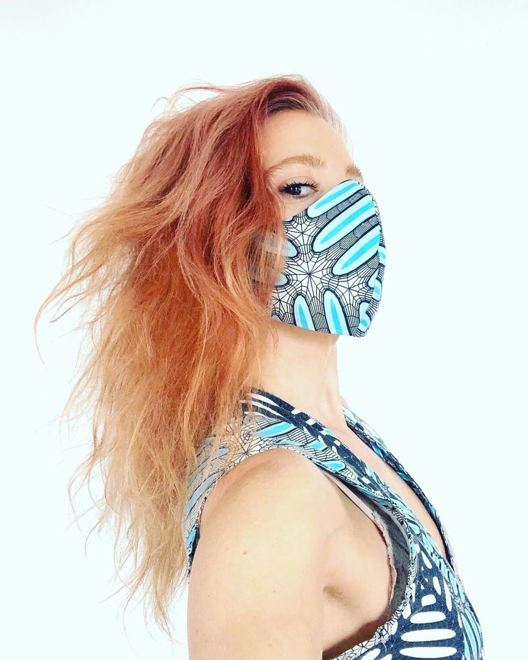 スリーアズフォーのインスタグラム：「Adi @adiadiary in “Blue Fin Mask” print graphic in collaboration with @fitchwork Exclusive limited edition @therealreal」