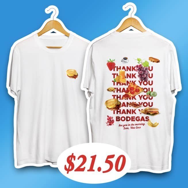 Vita Coco Coconut Waterのインスタグラム：「We wear t-shirts to profess our love for our favorite teams, musical groups, vacation spots, and now, finally, for bodegas. Show your love for your local bodega by wearing it the next time you get a BEC. Buying this t-shirt will provide 7 breakfast sandwiches to healthcare workers in NYC, all purchased directly from local bodegas. Link in bio.」