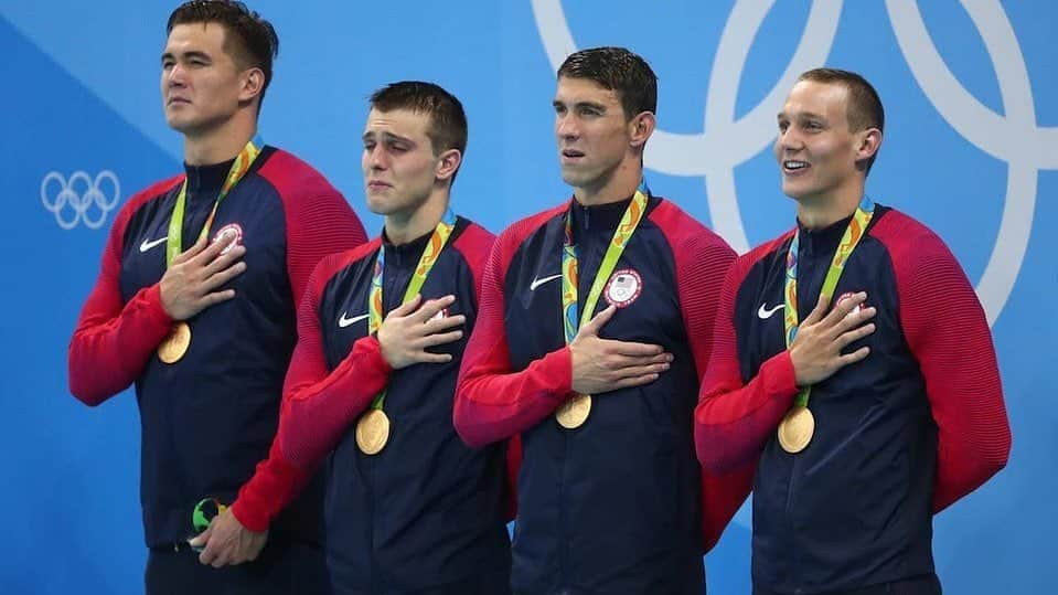 ネイサン・エイドリアンのインスタグラム：「Happy Olympic and Paralympic Day everyone! This was one of my favorite races to be a part of ever. We don’t walk on the deck as heavy favorites in the 4x100 Free Relay year after year like we used to but we swam the race like we were!」