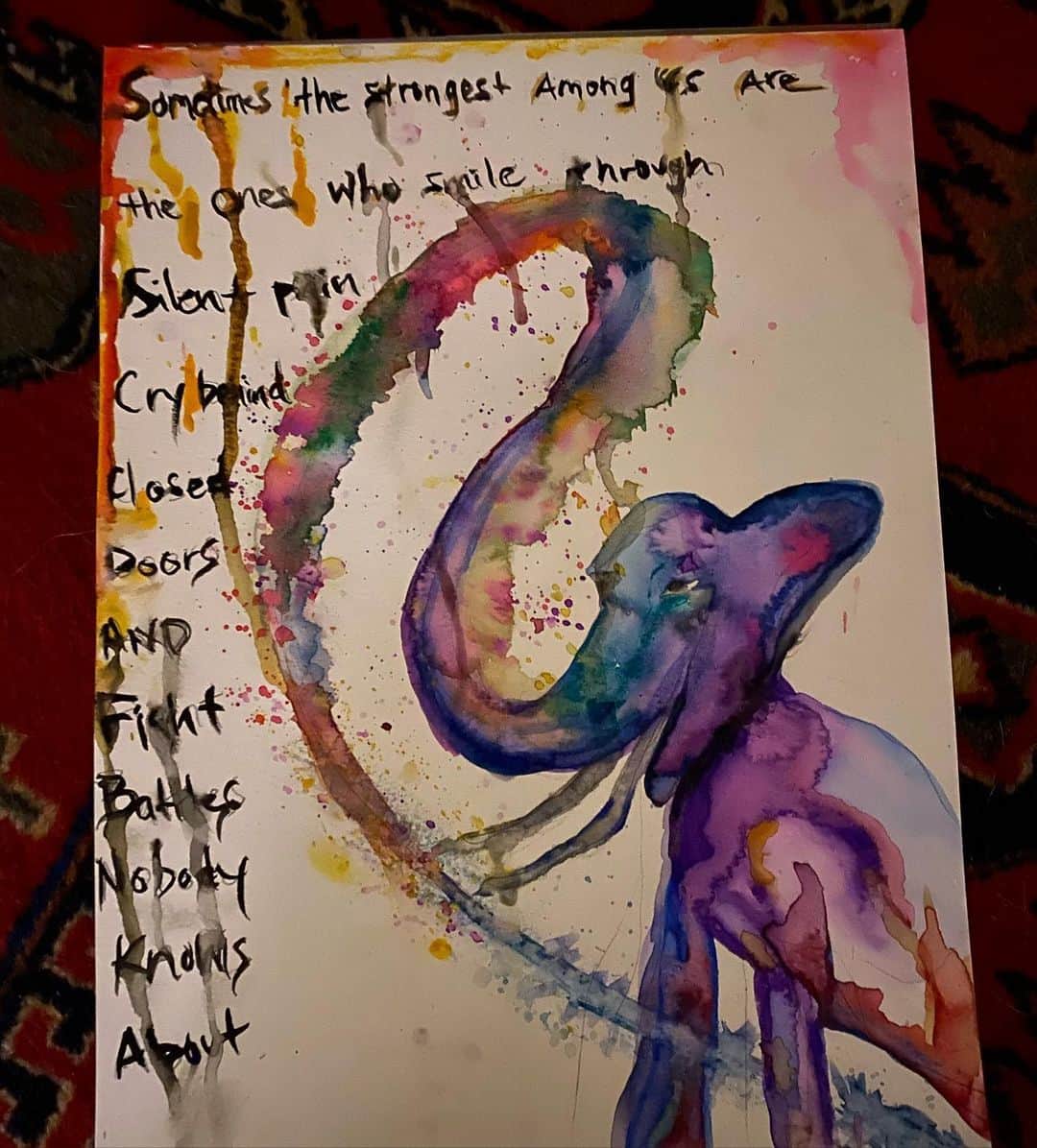 ブリアナ・エヴィガンのインスタグラム：「🐘💨💙 lovin playing with water colors... my favorite majestic creature in the world. I will protect you even though I’m far away. I promise. I know all about smiling through secret pain. I know all about fighting battles. I loved seeing this quote today. It made so much sense to me for so many reasons. Please remember we don’t know people’s secrets, we don’t their wounds, their trauma, we don’t know the battles they’re fighting. Be free of judgment some of these battles are not yours to fight, some are. Keep the doors open, remember the whole world is suffering right now. Please wake up and understand that. The WHOLE WORLD IS SUFFERING RIGHT NOW. The world needs you. Find the gift in you that can help make planet earth a place to exist in. This feels like the beginning of a lot coming our way. We are in it.」
