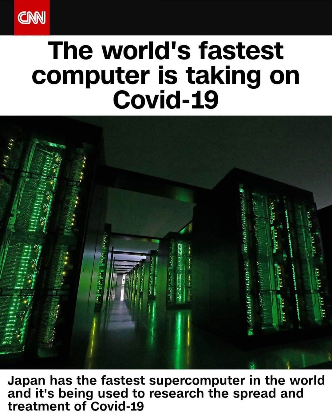 CNNさんのインスタグラム写真 - (CNNInstagram)「Fugaku, the fastest supercomputer in the world, is being used to research the spread and treatment of Covid-19. Fugaku can perform more than 415,000 trillion computations a second, making it 2.8 times faster than Summit, the supercomputer built by IBM. The leading-edge technology will hopefully "contribute to major advances on difficult social challenges such as Covid-19," Satoshi Matsuoka, director of the Riken Center for Computational Science, said in a statement. (📸: STR/JIJI PRESS/AFP via Getty Images)」6月24日 9時00分 - cnn