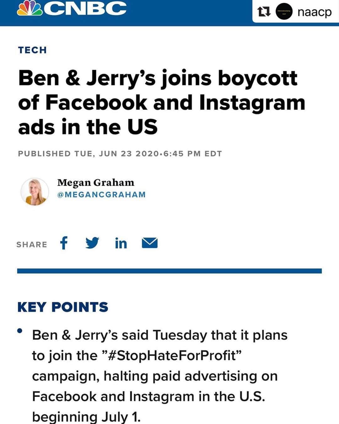 のインスタグラム：「#Repost @naacp with @make_repost ・・・ Thank you @benandjerrys for your commitment to justice and truth. #NoMoreFakeNews #stophateforprofit」