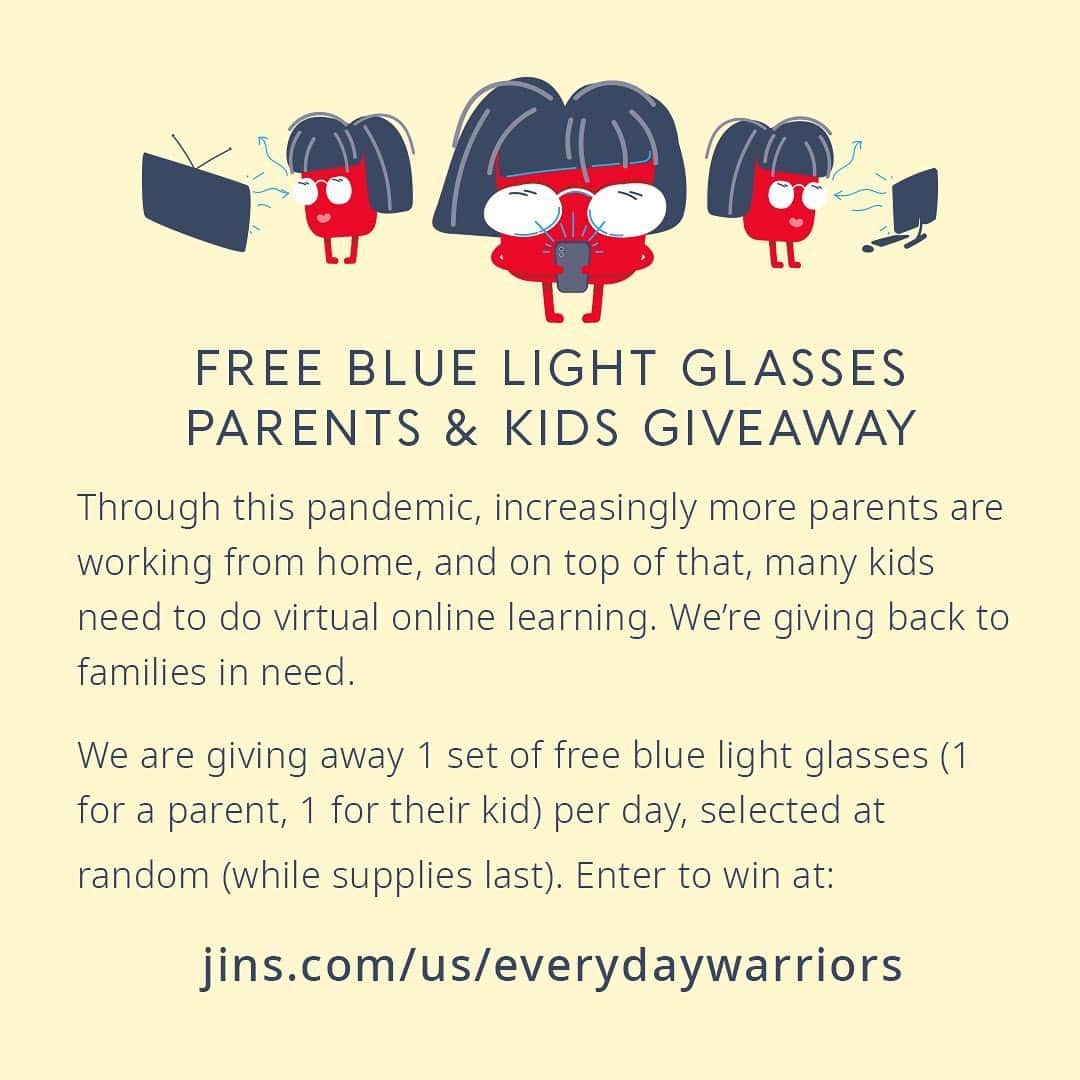 JINSさんのインスタグラム写真 - (JINSInstagram)「Thank You to our everyday warriors! Long screen time, protect young eyes. We’re giving away 1 set of blue light glasses — 1 for a parent, 1 for your kid, per day. Selected at random (while supplies last). 🔗in bio to enter: jins.com/us/everydaywarriors #jinseyewear #everydaywarrior」6月24日 10時35分 - jins.usa