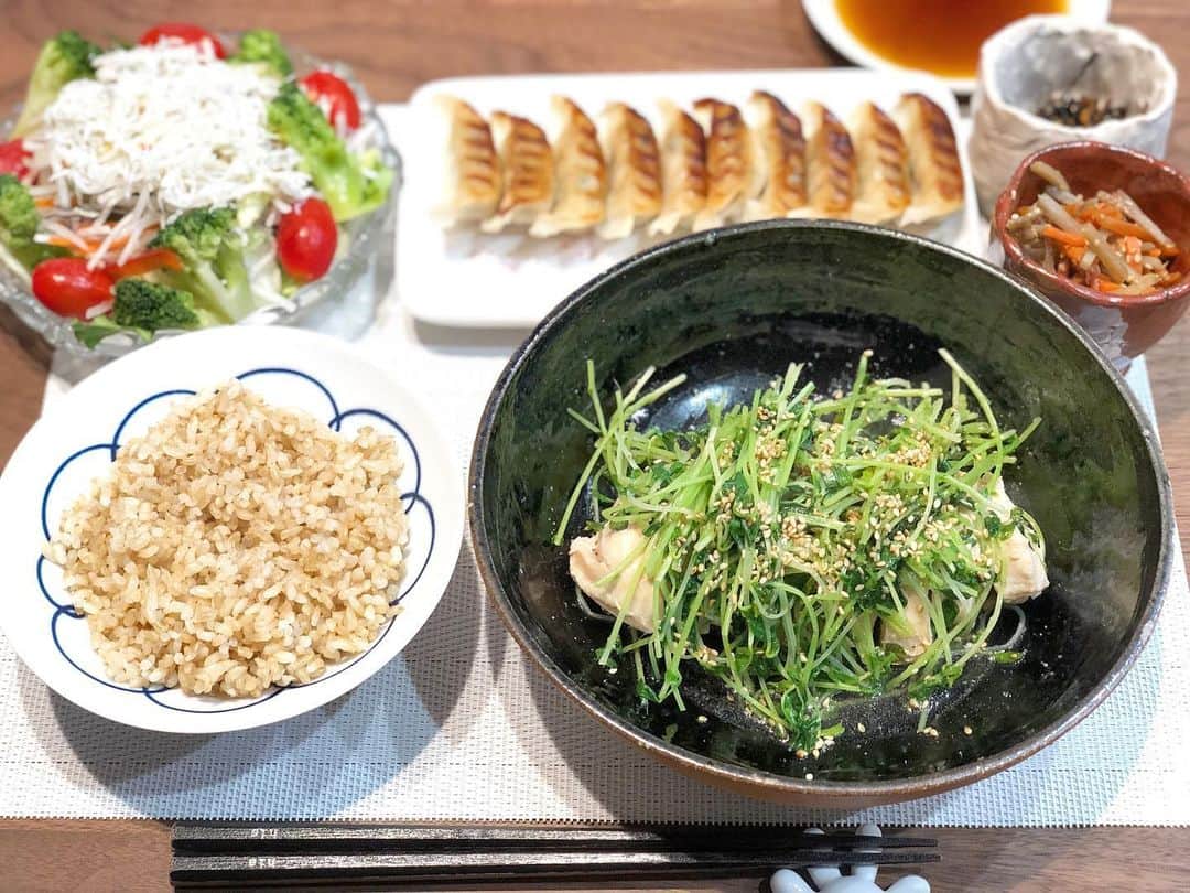 西木恵美里のインスタグラム：「なんだか疲れ気味🥱 きのうの夕食です🍽  品数少なめ🙏🏻 #鶏むね肉と豆苗蒸し #焼き餃子 #しらすたっぷりサラダ #きんぴらごぼう #ひじきの煮物 #玄米  昨日病院に行き、手の火傷、跡が残ると言われてショック… 保湿と遮光頑張ってすこしでもマシになりますように🤚🏻✨」