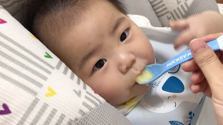 のインスタグラム：「#離乳食  色んな方から、本やネットの月齢に沿う必要はなくてその子それぞれで良いと教えていただいたので  スープのような10倍かゆ大さじ1 野菜小さじ2 →7倍かゆ大さじ2 野菜小さじ2 タンパク質小さじ2  にしました☺️けっこう量が増えたので、まだ1日1回、来週から様子見ながら1日2回にしようかなと思っています🌽  ごはん粒はとりあえずそのまま食べさせてみたらパクパク食べたので、良いかなぁとそのままあげてます。 前日までスープみたいだったし歯も無いのによく飲み込めるなぁ。  ほんと、みなさんからのアドバイスに救われました✨✨✨ありがとうございましたー！！！ #男の子ベビー #男の子ママ #男の子 #7ヶ月ベビー #babyboy #7monthsbaby #親バカ部ig_baby  #親バカ部 　#0歳　#新米ママ　#ベビー　#成長記録　#育児記録　#息子　#乳児 #赤ちゃん #赤ちゃん写真 #こそだてぐらむ #赤ちゃんのいる生活　#ムーニーちゃんおめでとう」