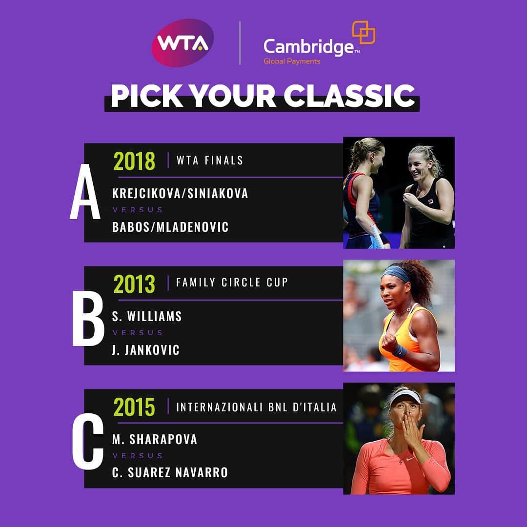 WTA（女子テニス協会）さんのインスタグラム写真 - (WTA（女子テニス協会）Instagram)「📺 Pick your favorite match and watch it on our YouTube channel and Facebook page this Saturday, July 25th, at 12pm ET/5pm BST.🍿 Presented by Cambridge Global Payments. What’s your pick this week? 🤔」7月23日 16時58分 - wta