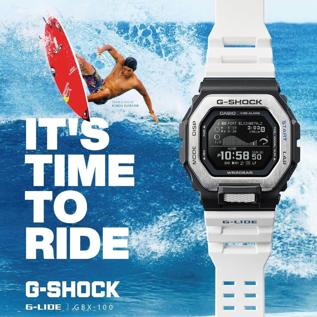 G-SHOCKさんのインスタグラム写真 - (G-SHOCKInstagram)「G-LIDE  海のレジャーにふさわしいG-SHOCKのスポーツライン「G-LIDE」。新作のGBX-100は、サーフィン時の着用を想定し、上下左右からの衝撃に耐えられる樹脂のガード構造、6時位置にはボタンガードと共にG-SHOCKならではの耐衝撃性能を備えました。  Latest additions to the G-LIDE lineup of G-SHOCK sports watches is ideal for marine activities. This new GBX-100 has a resin guard structure that protects against impact from any direction during surfing, combines with a button guard at 6 o'clock, which delivers outstanding G-SHOCK protection.  GBX-100-7JF  #g_shock #g_lide #gbx100 #tidegraph #surf #gshockmove #watchoftheday #海の日」7月23日 17時00分 - gshock_jp