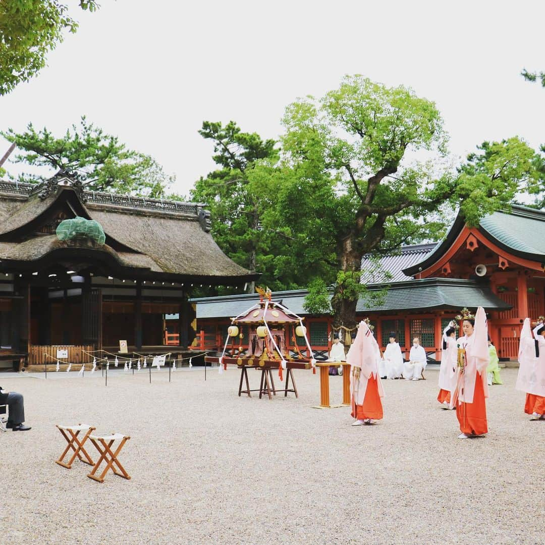 住吉大社 | sumiyoshitaishaさんのインスタグラム写真 - (住吉大社 | sumiyoshitaishaInstagram)「【神輿洗神事を斎行しました】 神輿洗神事は、住吉祭（夏祭）の一番はじめに行われる神事で、海上で汲み上げられた海水をもって神輿を祓い清めます。 かつては、祭礼当日の住吉浦では「住吉の御湯」、「潮湯」、「泥湯」などと称して、海水を浴びると無病息災で過ごせると信仰されてきました。 例年海の日に住吉公園を斎場として神輿を担いで賑やかに執り行っておりましたが、本年は新型コロナウイルス感染拡大防止の為に規模を縮小、神輿担ぎや奉納行事もすべて中止し第一本宮において神事のみ執り行いました。   ※本年の住吉祭（７月30日～８月１日）は、規模を縮小して神職のみで執り行います。 ・期間中の閉門時間は１７時となります。 ・露店の開設はありません。 ・８月１日の神輿渡御は中止いたします。  #大阪 #住吉大社 #神社 #日本 #sumiyoshitaisha #osaka #japantrip #osakatrip #shrine #japan #神輿 #神輿洗神事 #住吉祭 #夏祭」7月23日 18時46分 - sumiyoshitaisha_shrine