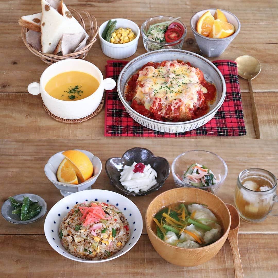 のインスタグラム：「♩ #レシピあり #まとめて投稿 #ひとりごはん . . 🍚コロッケリメイクトマトチーズ焼き かぼちゃのポタージュ コーンバター 水菜とササミのごま和え レーズンパン🍞 オレンジ🍊 . . 🍚鶏チャーシュー焼き飯 水餃子スープ 山芋梅肉のせ カニカマとわかめの酢の物 いんげんのごま和え オレンジ🍊 . . 先日、コロッケ作りすぎたので リメイクでトマトチーズ焼き作りました🙆 レシピ↓ . . 🍳【コロッケトマトチーズ焼き】２人分  🥕材料 コロッケ　４~５個 にんにくのみじん切り　大さじ１ トマトホール缶　１缶 オリーブオイル　大さじ２ 〇ケチャップ　大さじ1/2 〇砂糖　小さじ１ 〇コンソメ顆粒　少々 とろけるチーズ　適量 きざみパセリ　適量 . . 🥕つくりかた ①フライパンにオリーブオイルとにんにくを入れて火をつける。弱火にし、にんにくが少しきつね色になったらトマト缶を入れる。 ②弱めの中火で時々混ぜながら煮込む。１５分ほど煮詰めたら〇で味を整える。トマトソースの出来上がりです。 ③耐熱皿にコロッケを入れる。１個を４等分位にカットするのがおすすめです。 ④トマトソース、とろけるチーズをのせ、オーブンでこんがり焼いたら出来上がり♪お好みでパセリを散らしてください♪ . . #yunaご飯#lin_stagrammer#kurashiru#delistagrammer#Japanesefood#ロカリキッチン#デリスタグラマー#クッキングラム#クッキングラムアンバサダー#タベリー#フーディーテーブル#Kissカメラ#iegohanphoto#てづくりごはん365#おうちごはん#おうちごはんlover#ママリクッキング#マカロニメイト#キッチングラム#おうちカフェ#夜ごはん#晩ごはん#dinner#翁明窯元#波佐見焼き#レシピ#昼ごはん」