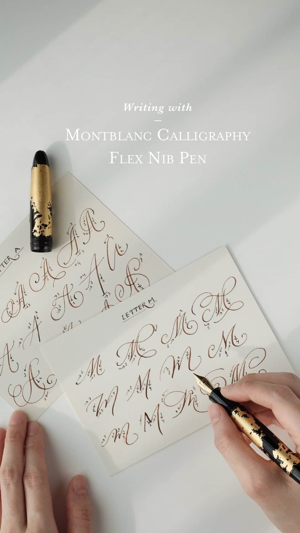 のインスタグラム：「In this video, I want to demonstrate writing with the Montblanc Meisterstück Gold Leaf Calligraphy Flex Nib Fouintain Pen.  When I go out, I usually carry a calligraphy dip pen with a small ink bottle in my bag. Now that I have this pen, I can finally leave them at home. It's definitely more convenient.  This pen is definitely on the heavy side, so it takes some time to adjust to the weight difference from a dip pen, but I love how I can create thin and thick strokes so easily with this flex handcrafted 18K solid gold nib. The nib glides extremely smooth on the paper (like butter!), although sometimes when I press a little harder then usual to get a thicker line, the ink doesn't flow as smoothly. I'm guessing this is either an adjustment I need to make on how I apply the pressure coming from a dip pen holder or it's probably just the limitation of a fountain pen.  The hand applied gold leaf design on this fountain pen is sublime. It's truly a beautiful masterpiece.  I really hope you can try your hands on one of these.  — @montblanc  — #truffypi #calligraphy #calligraphyflexnib #montblanc #montblanccalligraphypen #montblancflexnib #montblancsolitaire #goldleaf #fountainpencalligraphy #lettering #moderncalligraphy #montblancpartner」
