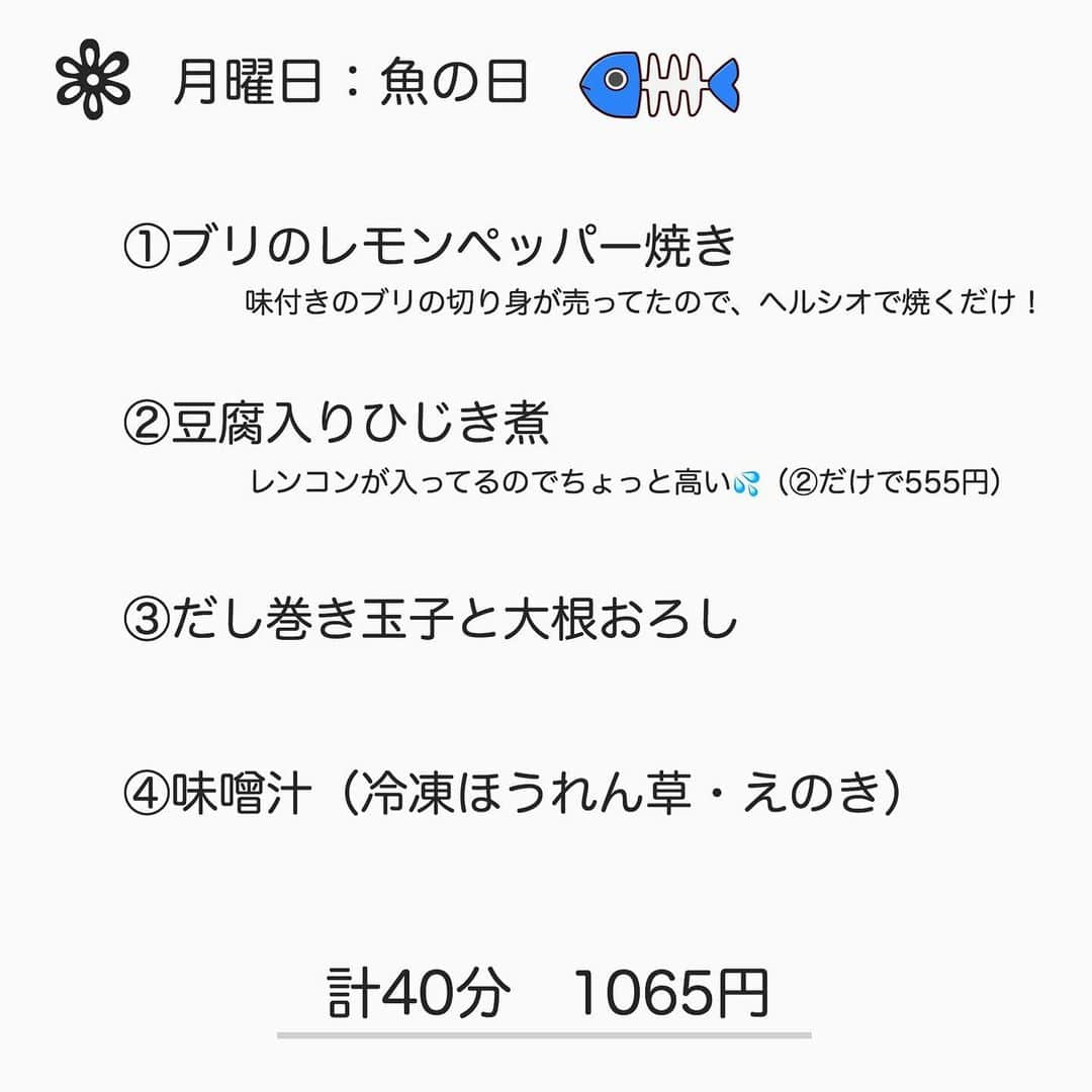 toriismartさんのインスタグラム写真 - (toriismartInstagram)「今週の献立です🤗 ． 私、スーパー手際が悪い人間なので、20分でできるはずのkit oisixでも50分かかったりします…😅 ． そんな私の所要時間なので、手際の良い方ならもっと短時間で作れる簡単なものばかりです。 ． 所要時間はキッチンに立つ時間です。 ． ひじきを水で戻すとか、煮込むとかの時間は含まれません😄💦 ． #ゼロ家事への道 #とりの今週の献立⠀ #献立 #献立日記 #今週の献立 #ゼロ家事 #料理記録 #5食バランス健康法 #食費 #家事楽動線 #楽家事  #時短献立 #家事らく #献立ノート #献立表」7月19日 22時49分 - toriismart