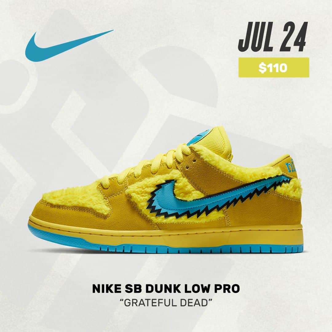 Sneaker Newsさんのインスタグラム写真 - (Sneaker NewsInstagram)「#SNReleaseAlert : The Grateful Dead x Nike SB Dunk Low in yellow will release on Nike SNKRS on July 24th. It is the only colorway of the three to drop directly through Nike. Link in bio for the store list.」7月19日 23時01分 - sneakernews